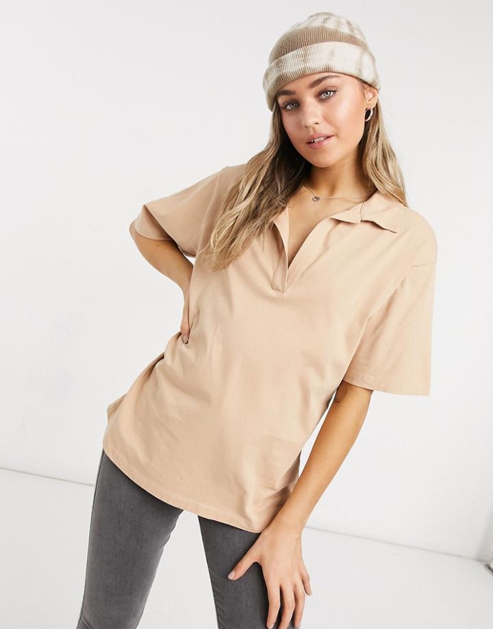 Asos Design Oversized Polo T-shirt With Collar Detail In Sand-neutral