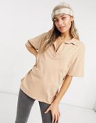 Asos Design Oversized Polo T-shirt With Collar Detail In Sand-neutral