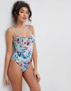 Asos Paradise Print Stitch Detail Cupped Swimsuit - Multi