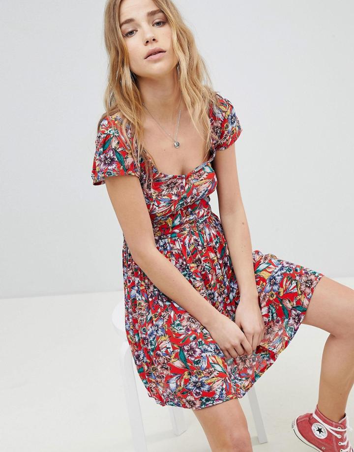 Brave Soul Pippa Button Through Dress In Bright Floral - Red