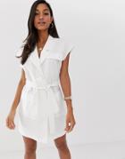 Asos Design Sleeveless Utility Mini Dress With Belt In Linen - White