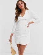 Asos Design Soft Denim Frill Collar Button Through Mini Blazer Dress In White - White
