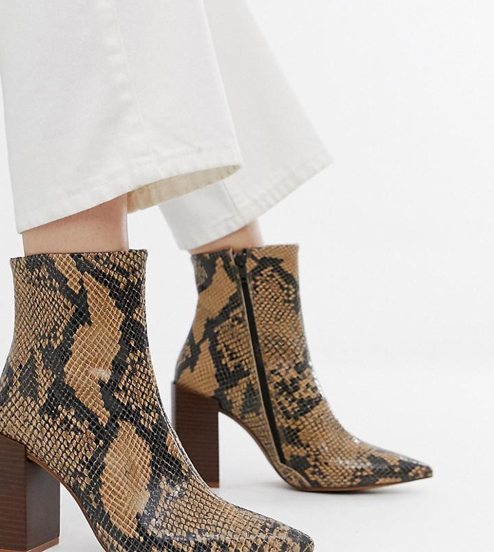 Depp Wide Fit Leather Snake Block Heeled Boots - Beige