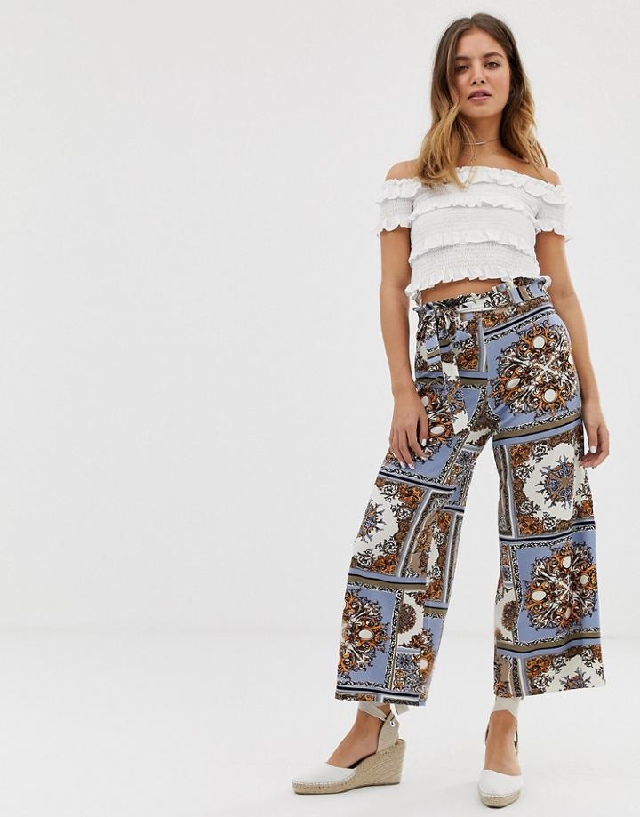 Asos Design Cropped Pants With Paper Bag Tie Waist In Scarf Print - Multi