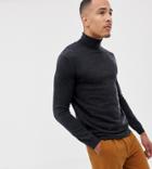 Asos Design Tall Merino Wool Roll Neck Sweater In Charcoal