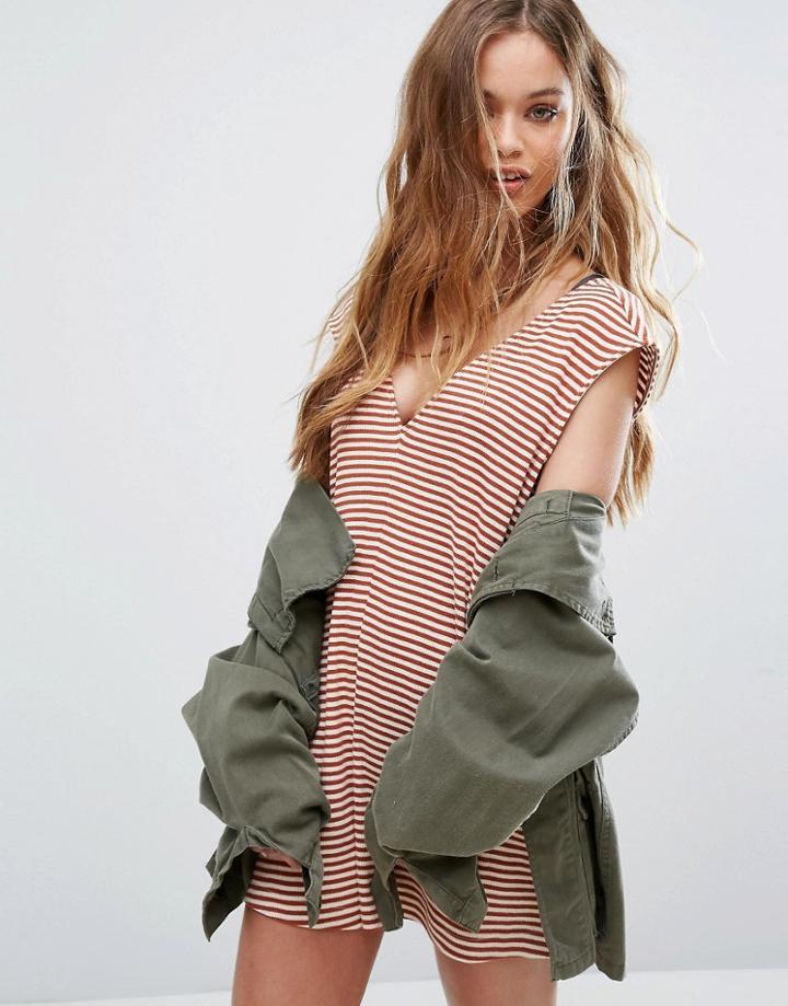 Rvca Relaxed Romper Romper In Fine Stripe - Orange