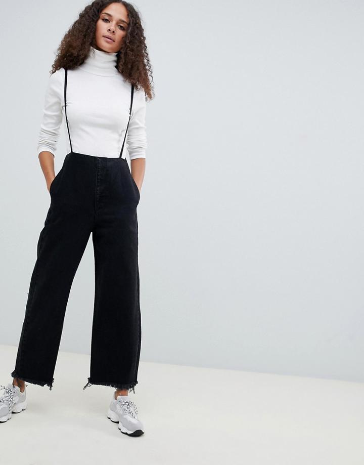 Asos Design Wide Leg Jeans With Suspender Detail In Washed Black - Black