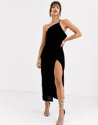 Asos Design One Shoulder Midaxi Dress In Velvet With Drape Back-black