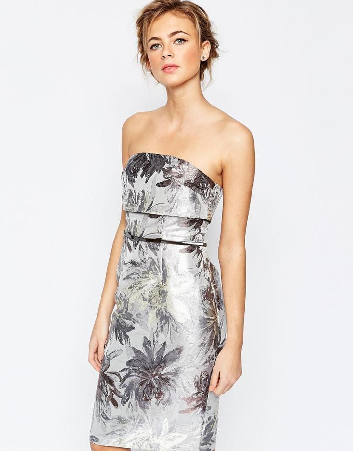 Little Mistress Pencil Dress With Overlay In Metallic Jacquard - Silver Gray