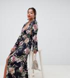 Asos Design Petite Satin Wrap Maxi Dress In Navy Floral Print-multi