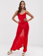 Asos Design Slinky Beach Maxi Dress With Cowl Neck & Ruffle Hem - Red