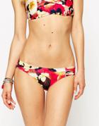 Seafolly Ruched Side Bikini Bottom In Kabuki Bloom Print - Raspberry