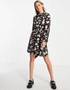 River Island Floral Shirred Mini Dress In Black
