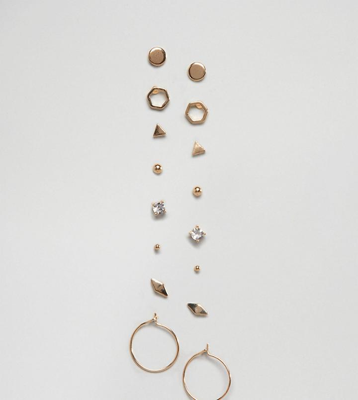 Asos Design Pack Of 8 Minimal Stud And Hoop Earrings - Gold