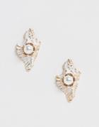 Asos Design Earrings With Painted Metal Shell And Faux Pearl Detail In Gold Tone - Gold