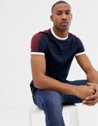 Asos Design T-shirt With Contrast Shoulder Panel In Navy - Navy