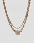 Asos Design Multirow Necklace With Chunky Chain And Square Rope Pendant In Gold - Gold