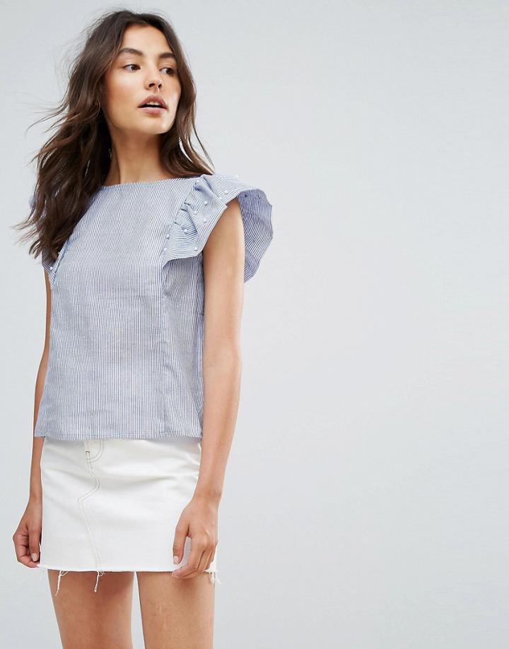 Qed London Frill Sleeve Stripe Top - Blue