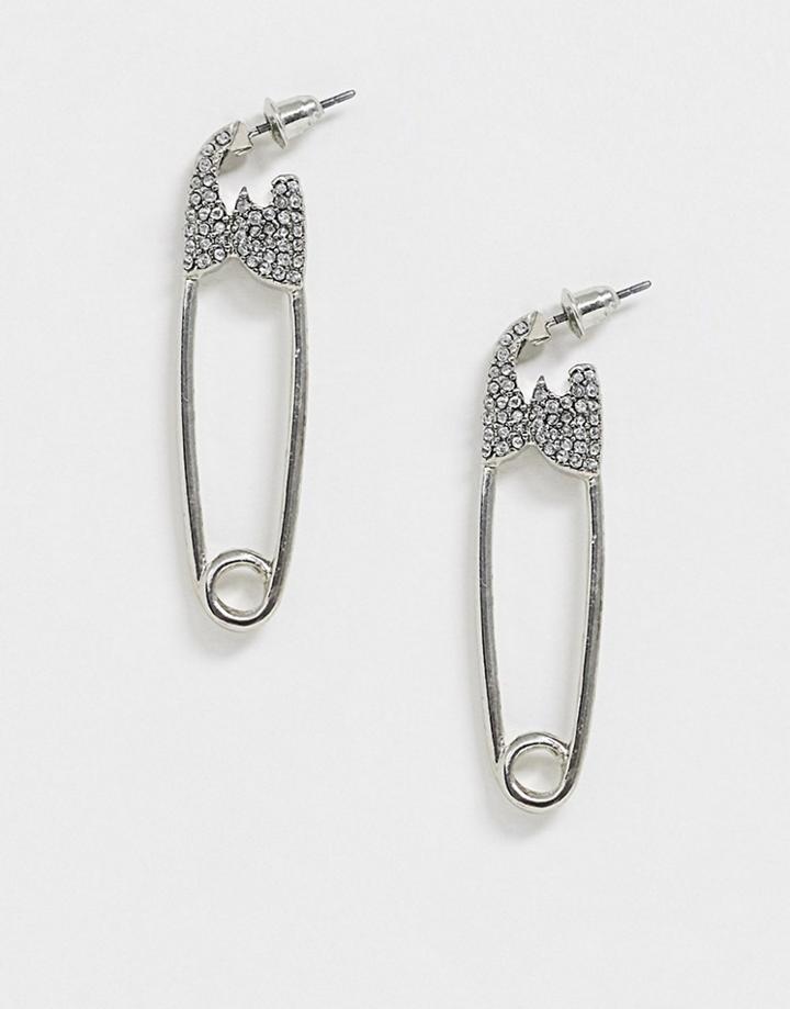 Asos Design Earrings In Crystal Safety Pin Design In Silver Tone