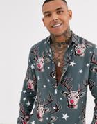 Asos Design Regular Fit Shirt In Reindeer Print-green