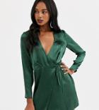 Asos Design Wrap Mini Dress In High Shine Satin - Green