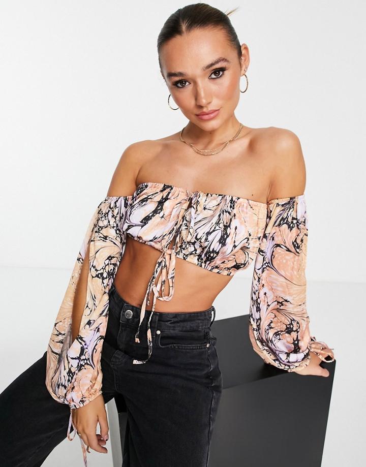 Asos Design Satin Tie Detail Crop Top In Butterfly Print-multi