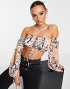 Asos Design Satin Tie Detail Crop Top In Butterfly Print-multi