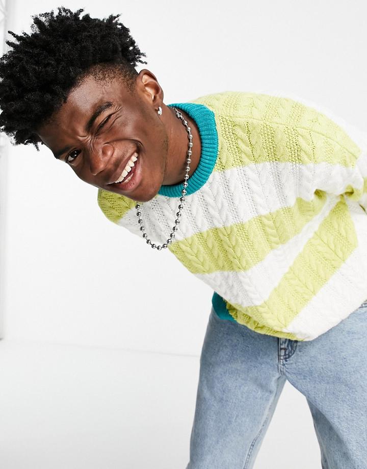 Asos Design Oversized Cable Knit Sweater With Lime Stripes-green