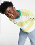 Asos Design Oversized Cable Knit Sweater With Lime Stripes-green