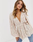 Asos Design Long Sleeve Plunge Top With Kimono Sleeve And Belt In Paisley Print-multi