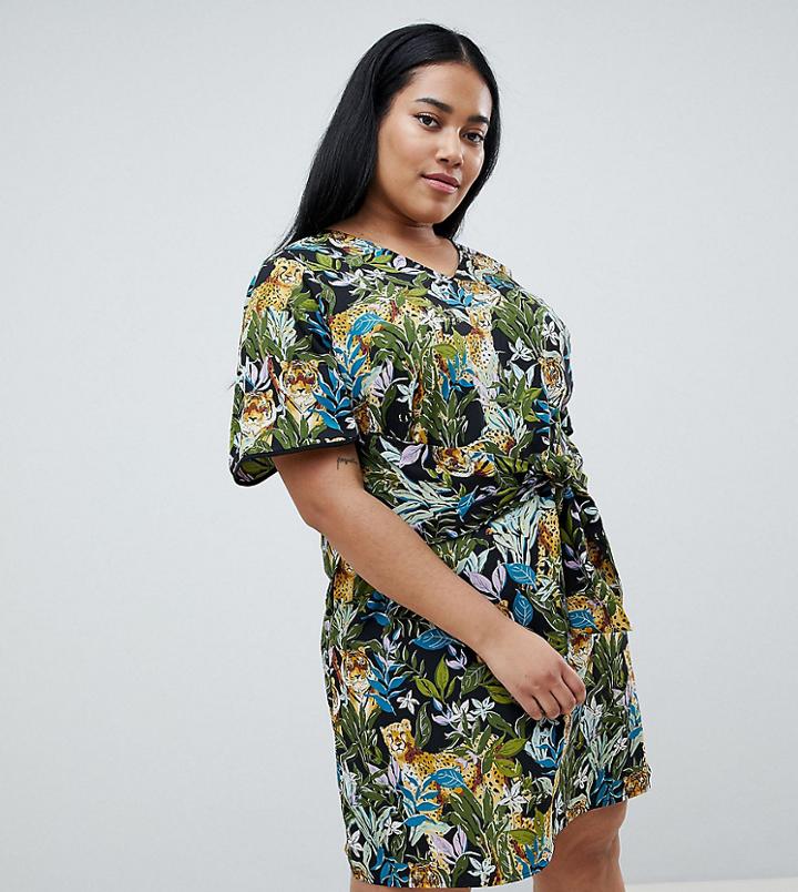 Junarose Tropical Print Tie Front Dress - Black