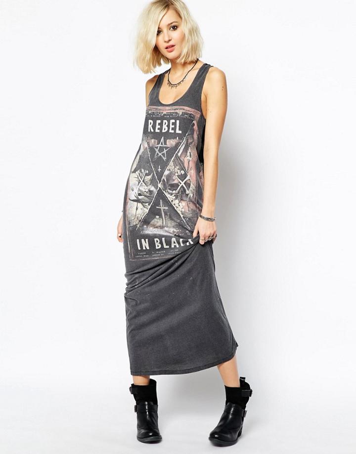 Religion Maxi Dress With Rebel Print - Black