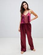 Wolf & Whistle Cami Strap Lace Trim Long Pyjama Set - Red