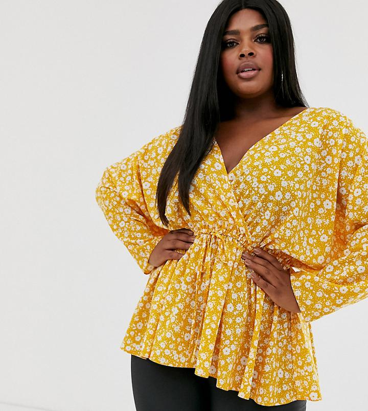 Asos Design Curve Batwing Sleeve Top With Tie Waist In Ditsy Floral Print - Clear