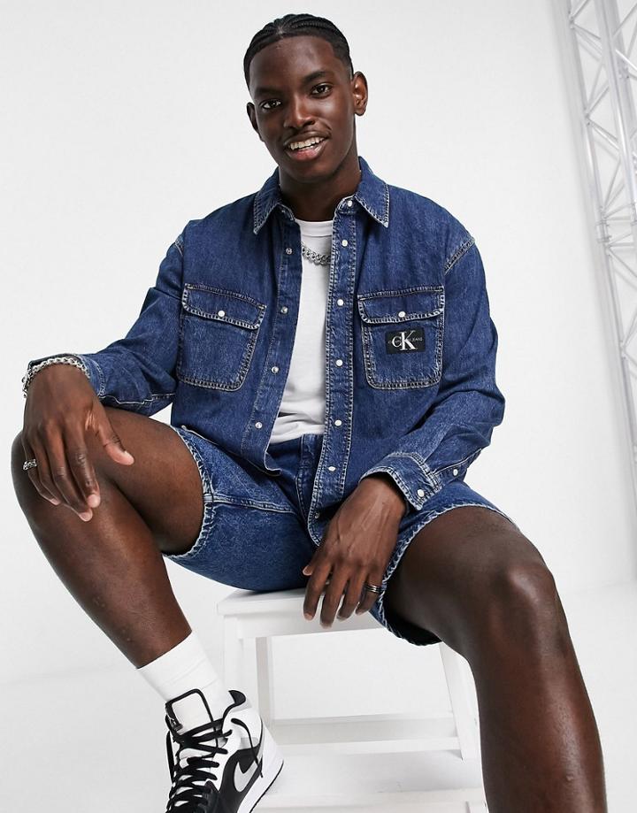 Calvin Klein Jeans Oversized Denim Shirt In Mid Wash-blues