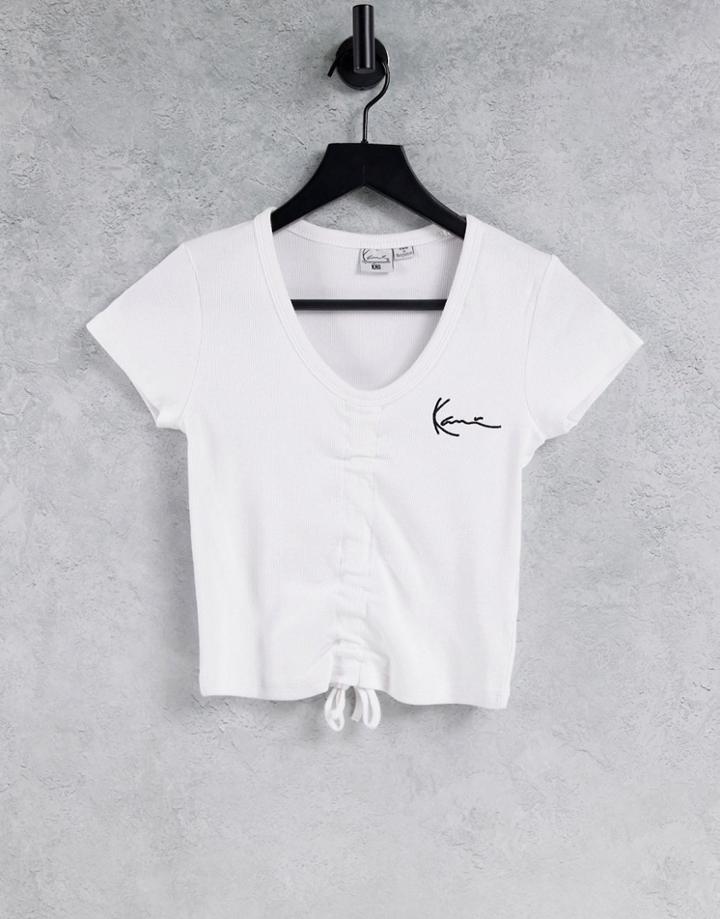 Karl Kani Cropped Rib T-shirt With Tie Front & Logo Detail-white