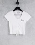 Karl Kani Cropped Rib T-shirt With Tie Front & Logo Detail-white
