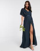 Asos Design Bridesmaid Short Sleeved Cowl Front Maxi Dress With Button Back Detail-navy