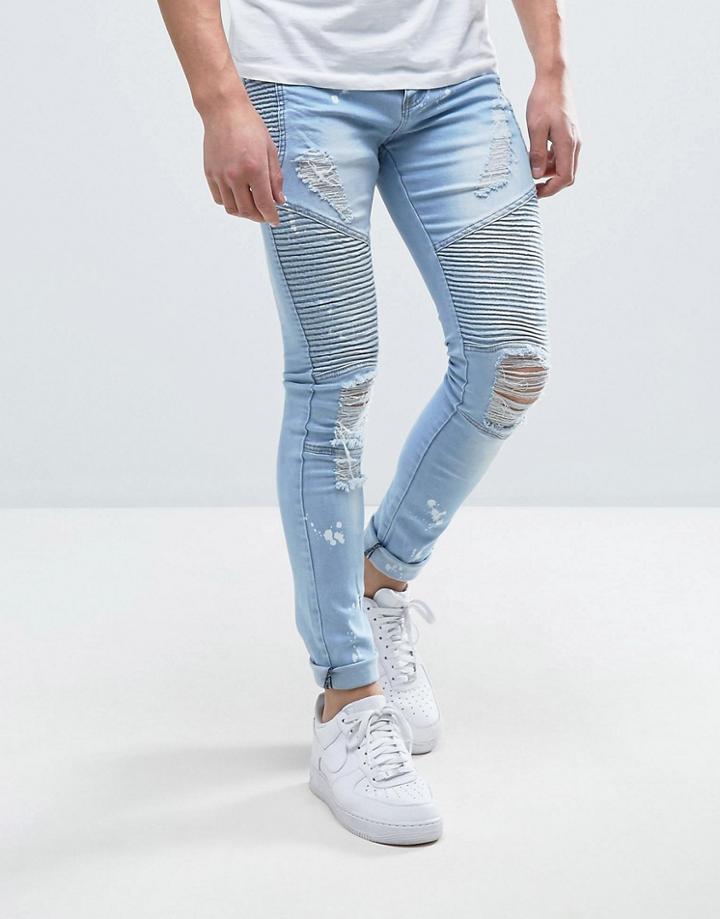 Liquor & Poker Skinny Jean Heavily Distressed And Bleached Biker - Blue