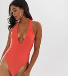 Missguided Plunge Swimsuit In Hot Coral - Orange