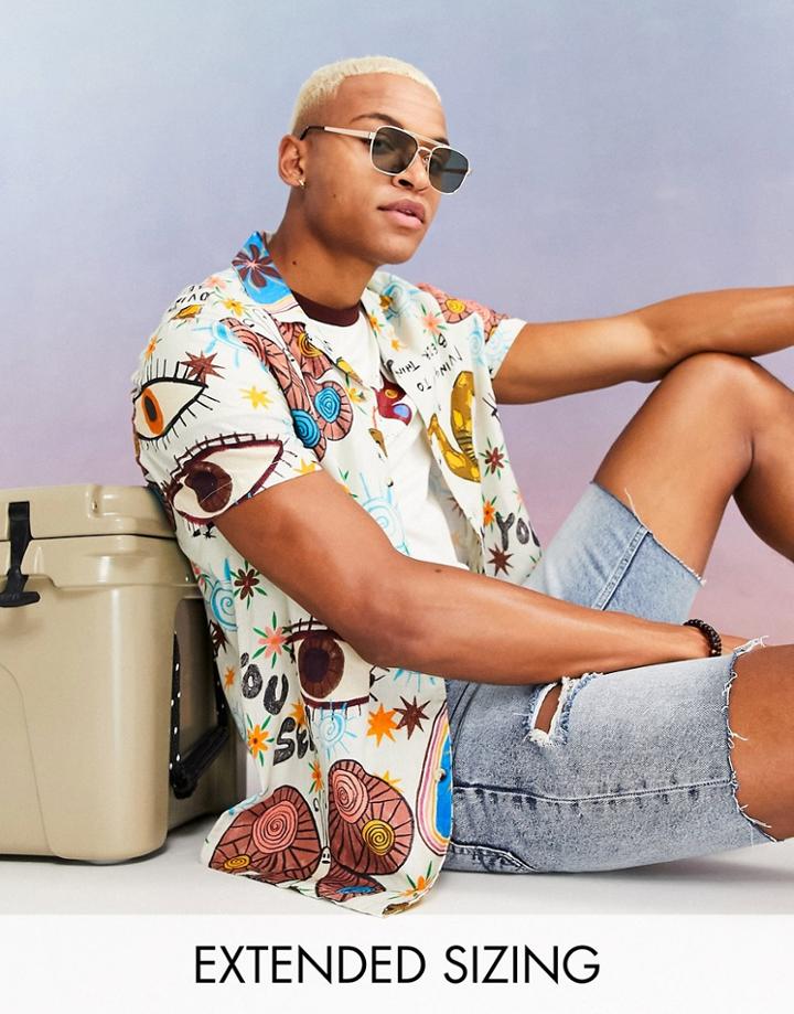 Asos Design Relaxed Camp Collar Linen Mix Shirt In Scribble Conversational Print-neutral