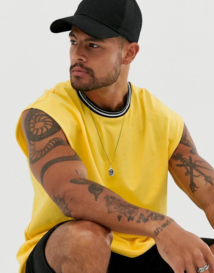 Asos Design Oversized Sleeveless T-shirt With Contrast Tipping In Yellow