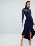 City Goddess Long Sleeve High Neck Fishtail Maxi Dress With Lace Detail - Navy