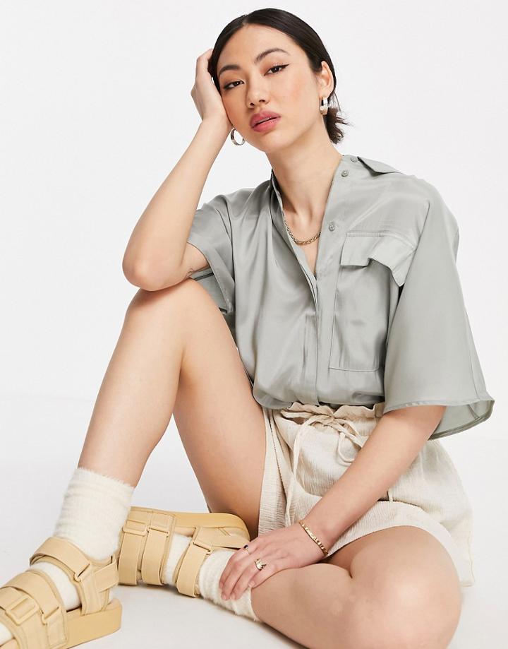 Mango Short Sleeve Satin Shirt In Light Gray-grey