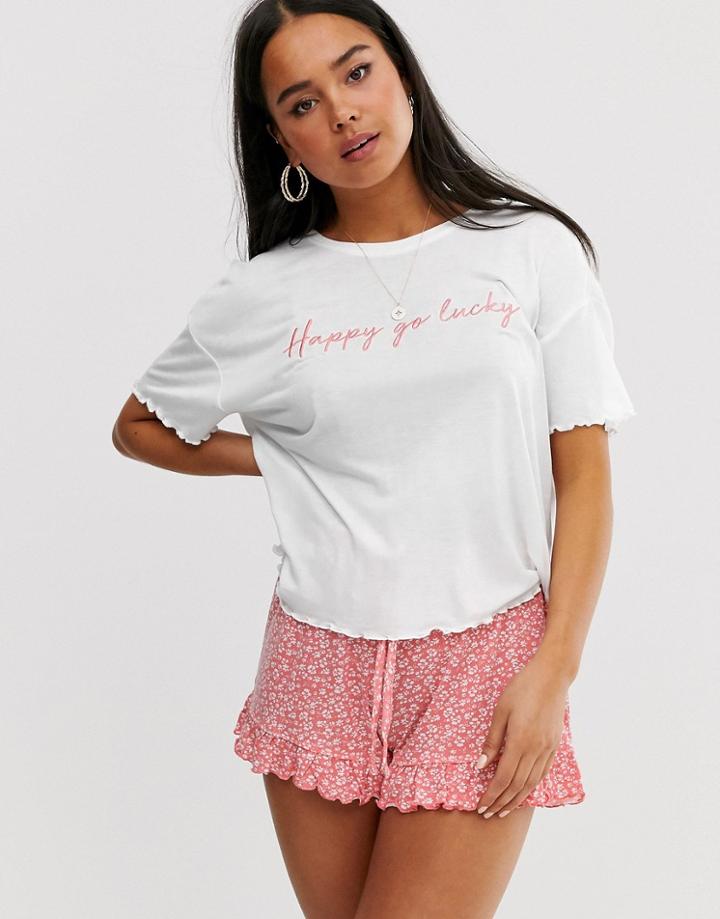 New Look Happy Go Lucky Slogan Pyjama Short Set In Coral - Orange