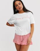New Look Happy Go Lucky Slogan Pyjama Short Set In Coral - Orange