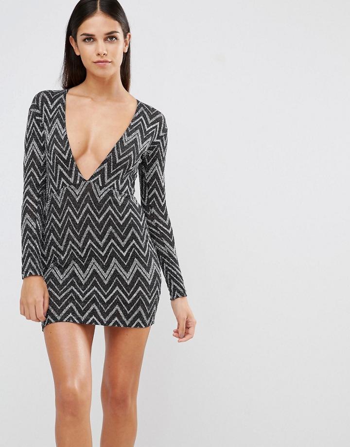 Motel Lynette Dress With Plunge Neck In Zigzag Glitter Print - Silver