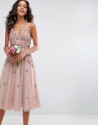 Asos Wedding Iridescent Delicate Beaded Strappy Midi Dress - Pink