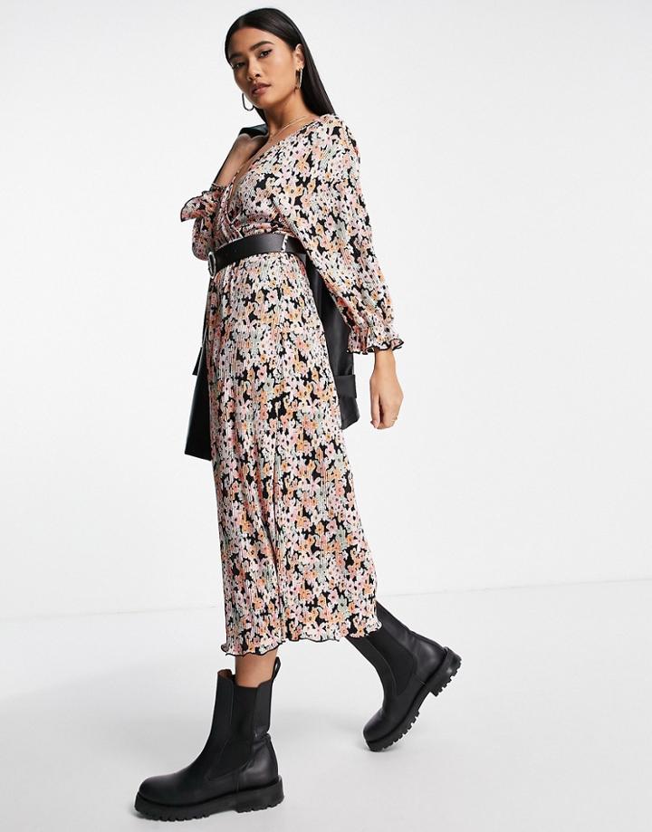 Asos Design Plisse Wrap Midi Dress With Belt In Floral Print-multi
