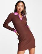 Asos Design Knitted Mini Dress With Contrast Collar In Brown - Part Of A Set